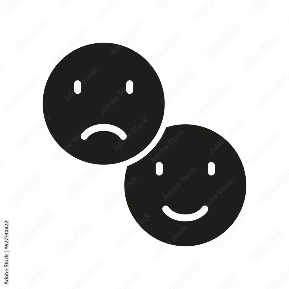 Fototapeta premium Positive and Negative and Smiley Silhouette Icon. Happy Smile and Sad Face Glyph Pictogram. Good and Unhappy Emoticon Solid Symbol. Feedback Sign. Isolated Vector Illustration