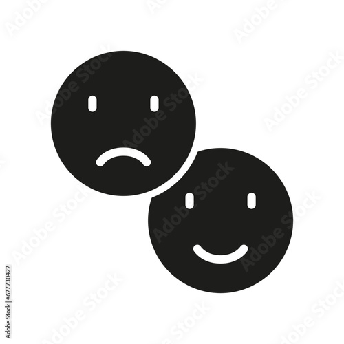 Positive and Negative and Smiley Silhouette Icon. Happy Smile and Sad Face Glyph Pictogram. Good and Unhappy Emoticon Solid Symbol. Feedback Sign. Isolated Vector Illustration