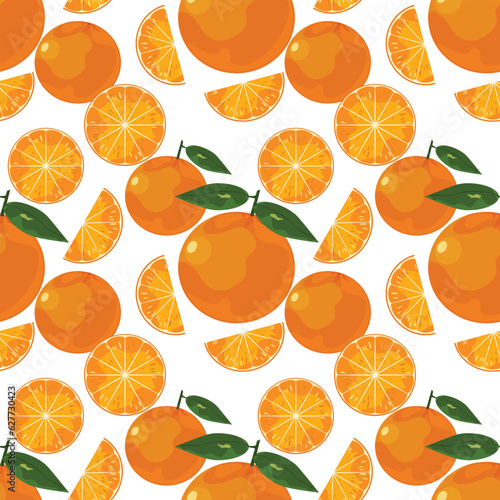 Seamless pattern of oranges, fruits, and vegetables. Creative texture for fabric, packaging, textiles, wallpaper, and clothing. Vector illustration for kids. Cute fruit background.
