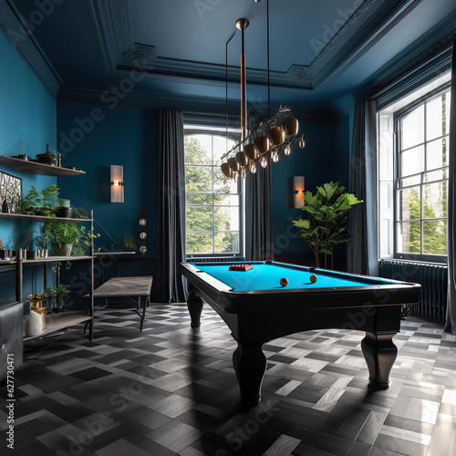 Interior of a games room blue and black colour scheme © Andrew