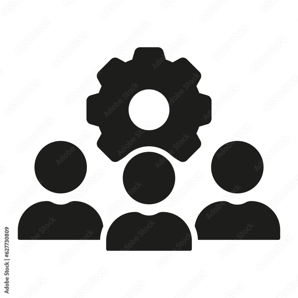 Team Work, People with Gear Silhouette Icon. Workforce Glyph Pictogram. Teamwork Concept Solid Sign. Manager with Cog Wheel, Project Management Symbol. Isolated Vector Illustration Team Work, People with Gear Silhouette Icon. Workforce Glyph Pictogram. Teamwork Concept Solid Sign. Manager with Cog Wheel, Project Management Symbol. Isolated Vector Illustration