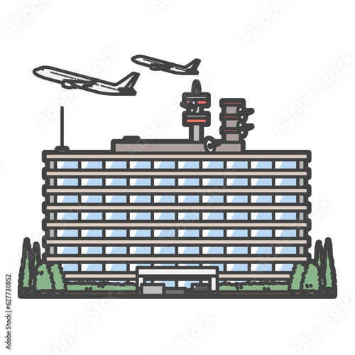 KK省KK局(国土交通省・航空局)の建物と旅客機のイラスト