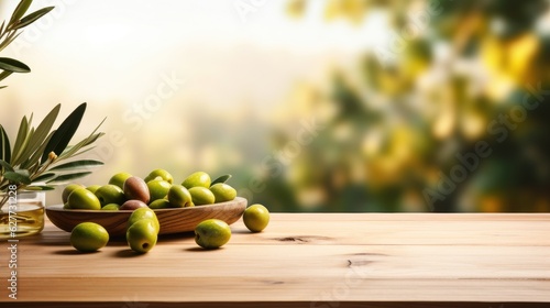 Wooden table with olives fruits and free space on nature blurred background. Generative AI