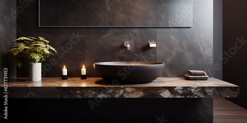  Close up of a sink in a bathroom with a grey and black background and vertical mirror Concept of self care and relaxation 