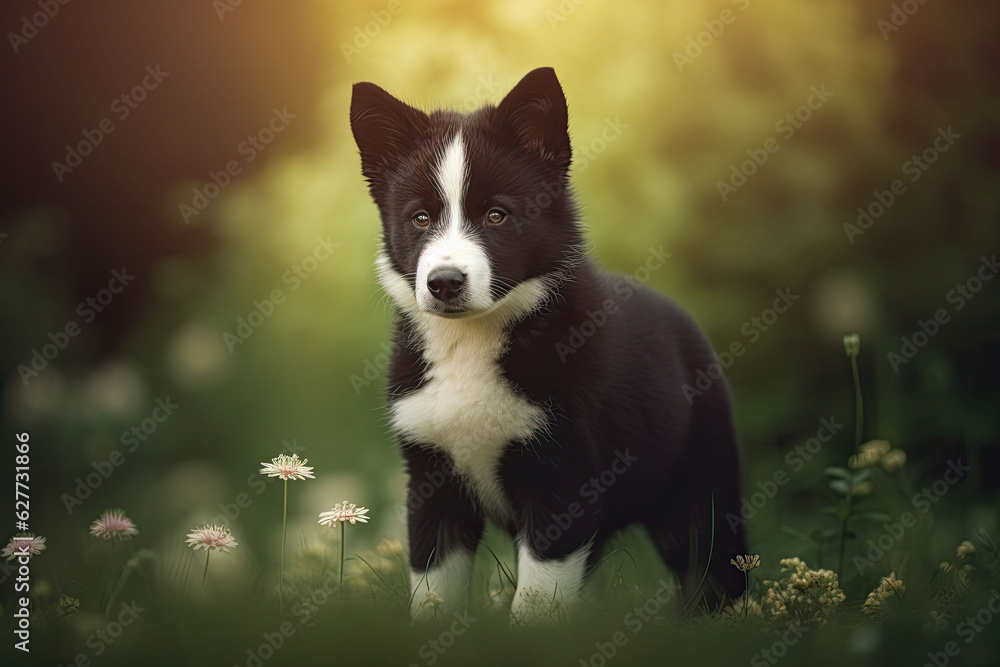 Karelian Bear Dog puppy playing in the sunny garden Karelian Bear Dog puppy playing in the sunny garden