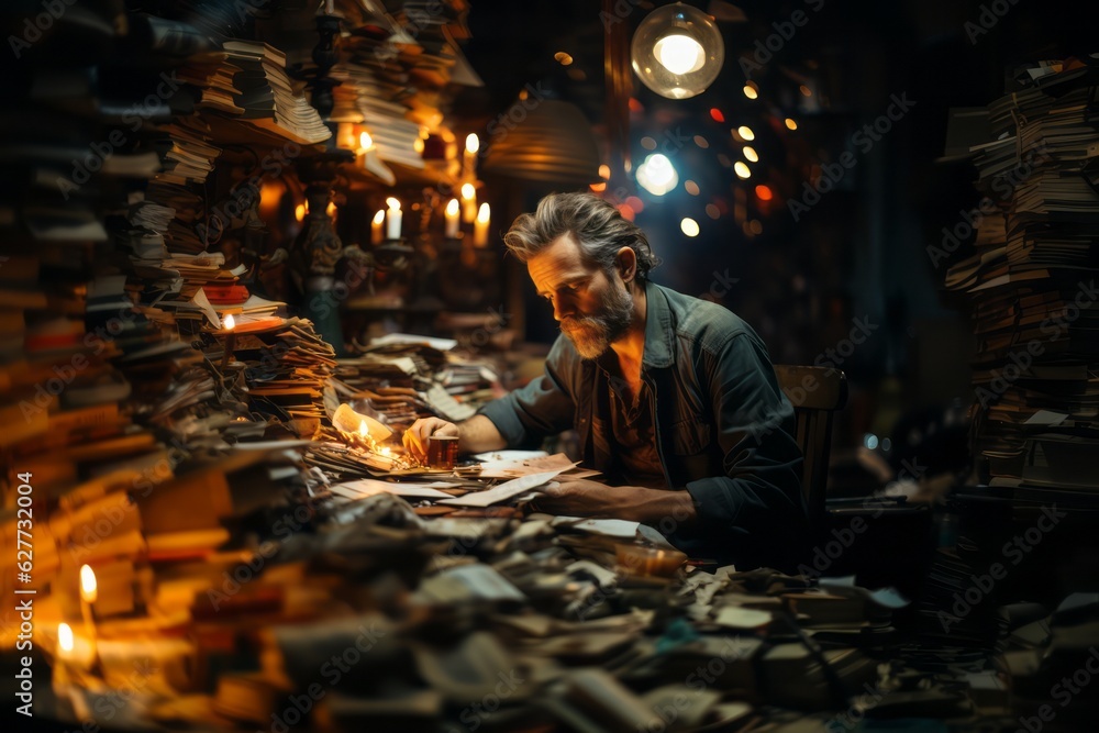 A writer sitting at a desk, surrounded by books and papers, deep in thought as they compose their next masterpiece, illustrating the freedom of expression through written words. Generative AI