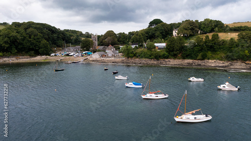 Aerial landscape view of the small Cornish village of St Anthony-In-Meneage in Cornwall photo