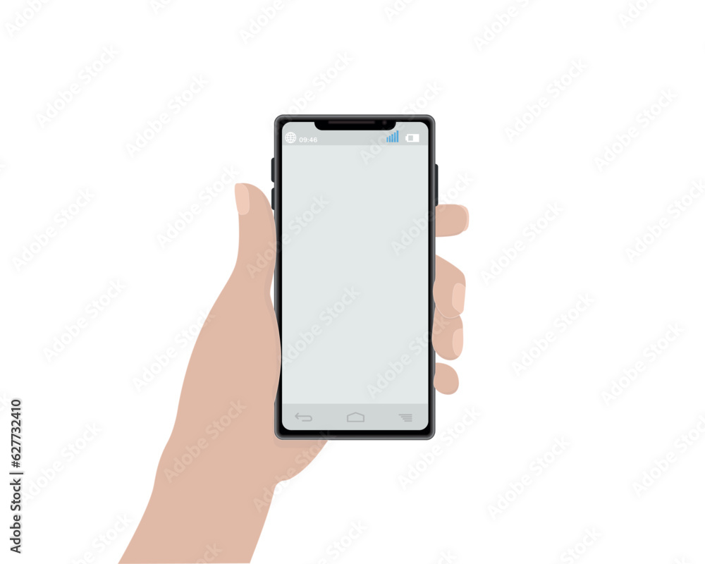 Phone in hand with blank screen battery clock communication chat ai order call cents vector illustration Phone in hand with blank screen battery clock communication chat ai order call cents vector illustration