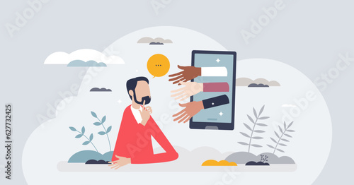 Customer engagement or attract client with marketing tiny person concept. Online campaign for loyalty, new consumer influence or motivation to join with ads, banners or commercial vector illustration