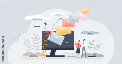 Email campaign as digital letter sending with offers tiny person concept. Online communication service for ads, commercials and advertisement messages vector illustration. Fast document distribution.