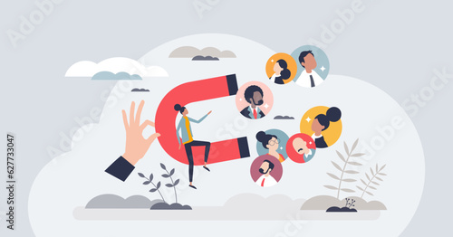 Lead generation with promotion or advertisement for sales tiny person concept. Business development with new customers, clients or consumers attraction vector illustration. Company audience magnet.
