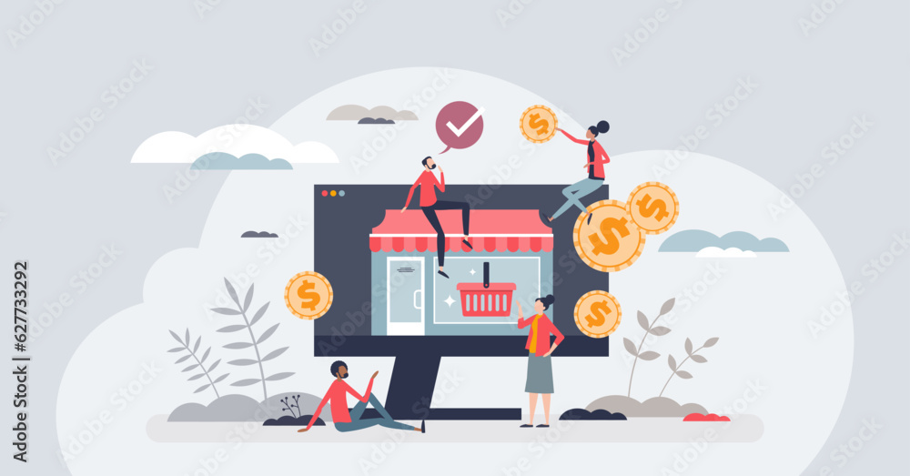 Online business as ecommerce shopping business model tiny person concept. Sell products on internet using website and digital payment systems vector illustration. Retail company with web shop service Online business as ecommerce shopping business model tiny person concept. Sell products on internet using website and digital payment systems vector illustration. Retail company with web shop service