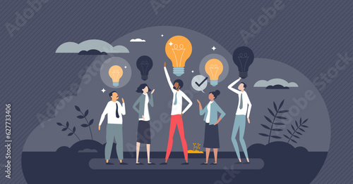 Employee engagement and motivation with inspiration tiny person concept. New idea generation in brainstorm team as professional staff stimulus vector illustration. Effective or productive interaction