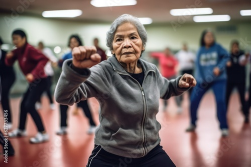 Group of smiling senior people dancing while enjoying activities in retirement home - concept