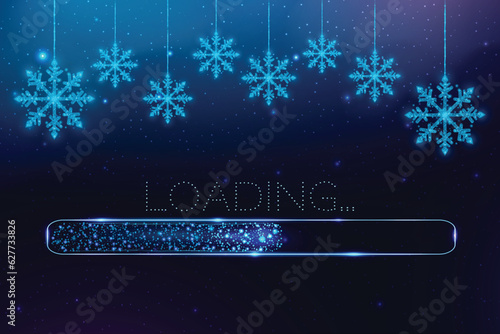 Wireframe snowflakes and loading bar, low poly style. Merry Christmas and New Year banner. Abstract modern vector illustration on blue background