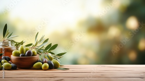 Wooden table with olives fruits and free space on nature blurred background. Generative AI