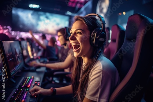 Female pro gamer enjoying her victory in a gaming contest against a male player. Generative AI © piai