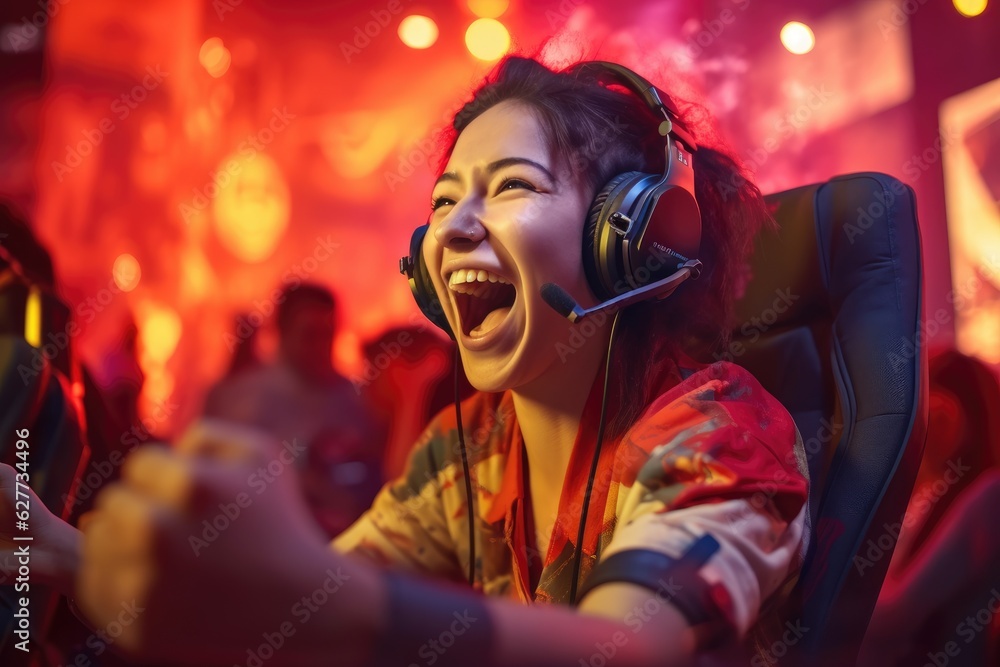 Female pro gamer enjoying her victory in a gaming contest against a male player. Generative AI