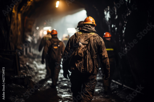 Coal miners walking through the tunnel in a mine. Generative AI.