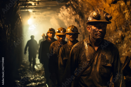 Coal miners walking through the tunnel in a mine. Generative AI.