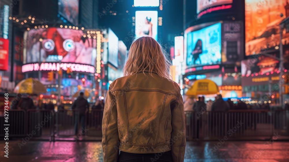 Fototapeta premium Back view of a woman at times square new york at Night