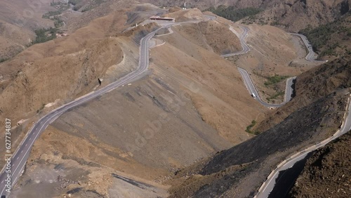 Panoramic view of the winding roads streets of the col of Tizi n'Tichka, High Atlas Mountains, Morocco. Newly repaired and widened road. 4k footage.