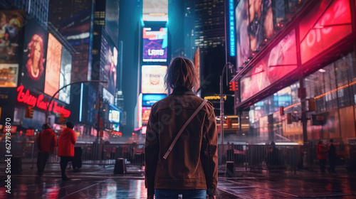 Back view of a woman at times square new york at Night photo