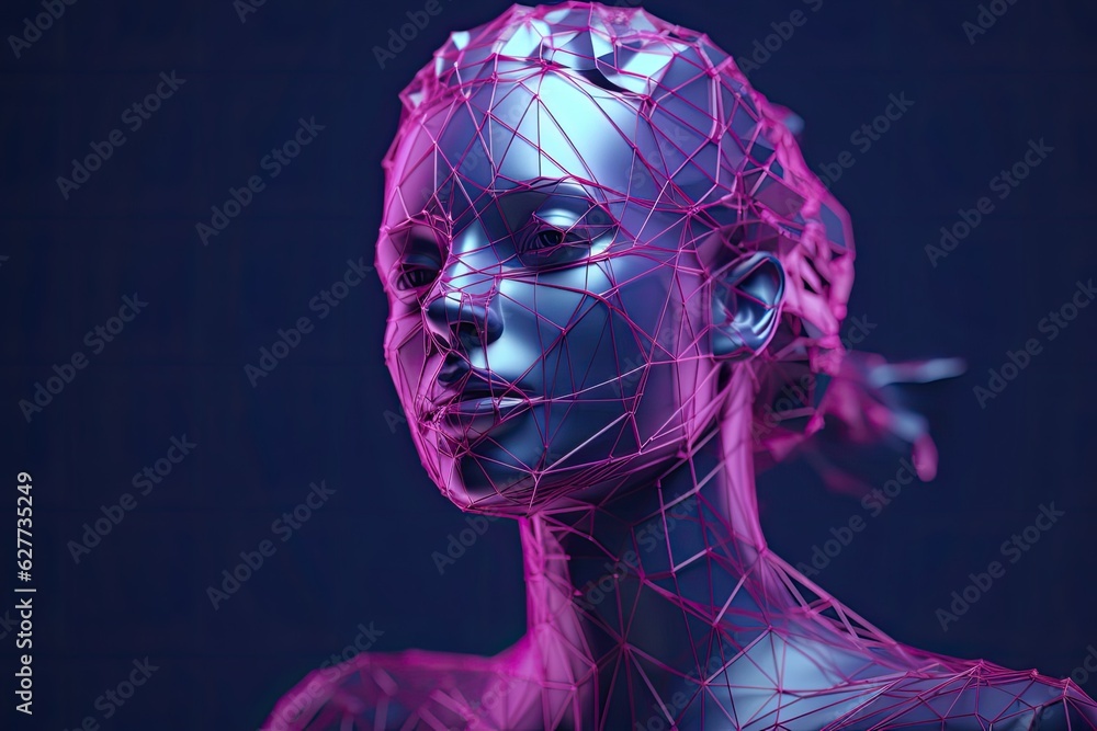 Classic sculpture Metaverse avatar with low-poly purple lines, animated NFT artwork, Web 3.0 technology background. Photo generative AI Classic sculpture Metaverse avatar with low-poly purple lines, animated NFT artwork, Web 3.0 technology background. Photo generative AI
