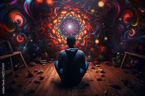 A person sitting in a dark room. The room is filled with swirling, colorful patterns The patterns are representing the person's thoughts, which are racing and chaotic.