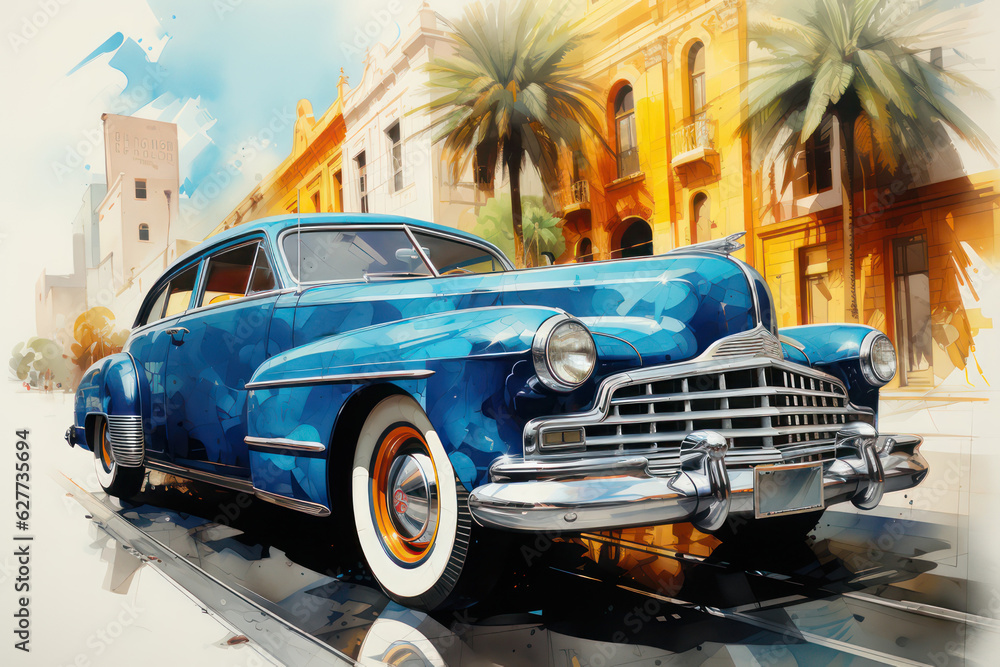 Obraz premium Watercolor old car in blue color in the old town. AI generative.