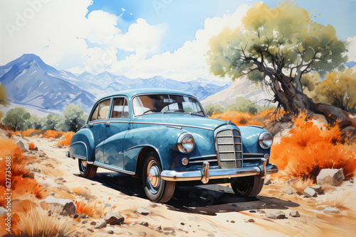 Watercolor old car in blue color in the mountains. AI generative.