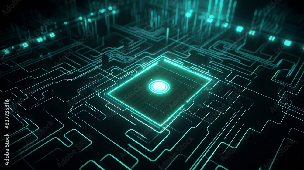 Neon glow green digital circuit, motherboard, cpu, chip, semiconductor hardware, technology concept illustration, futurtistic hi-tech abstract background.