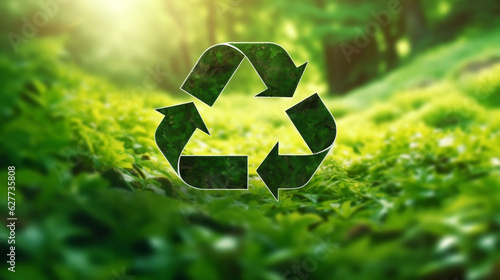 Recycle logo or sustainable sign isolated on nature background, which is blurred green lawn and tree in the park.