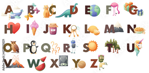 isolated alphabet letters  illustrated alphabet  childish cartoon style with animals  plants  objects for kids education and educational materials  abc set