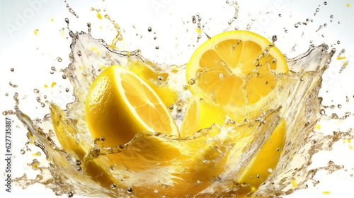 Lemons explosion, fresh sliced flying in the air, juice water splashing isolated on white background, vitamin c, healthy food, baverage advertising, antioxidant, summer concept.