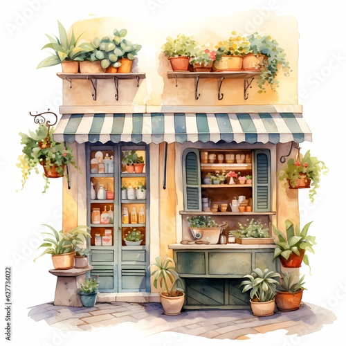 watercolor illustration of a tea stall and window boxes