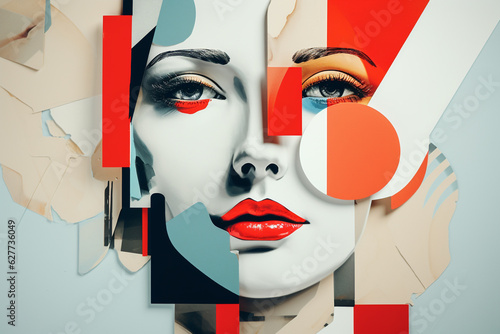 Beauty, fine art, fashion concept. Abstract modern art collage of woman portrait made of various and colorful geometric shapes. Generative AI © Rytis