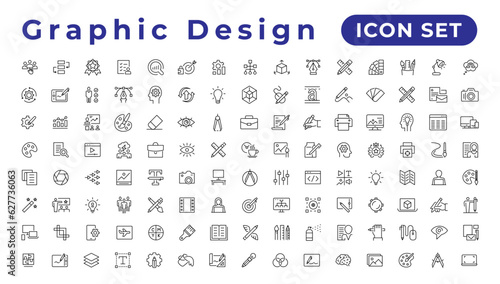 Set of thin line icons of graphic design. Simple linear icons in a modern style flat, Creative Process. Graphic design, creative package, stationary, software and more