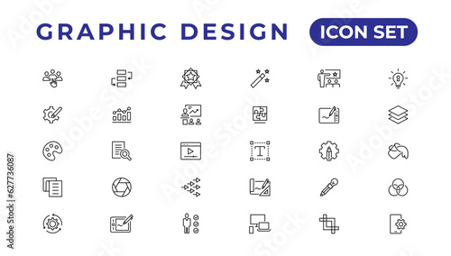 Set of thin line icons of graphic design. Simple linear icons in a modern style flat, Creative Process. Graphic design, creative package, stationary, software and more