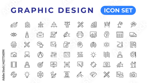 Set of thin line icons of graphic design. Simple linear icons in a modern style flat, Creative Process. Graphic design, creative package, stationary, software and more