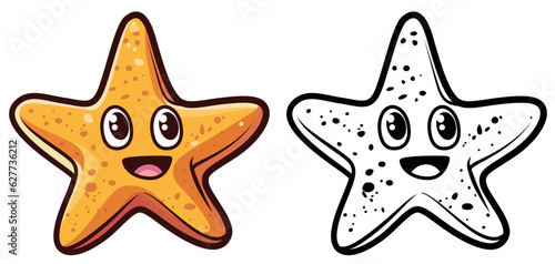 Star fish cartoon vector illustration, orange Sea star with a happy face cartoon stock vector illustration, colored and black and white line art