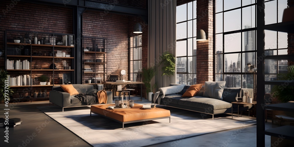 Empty loft apartment, industrial style, 3d render