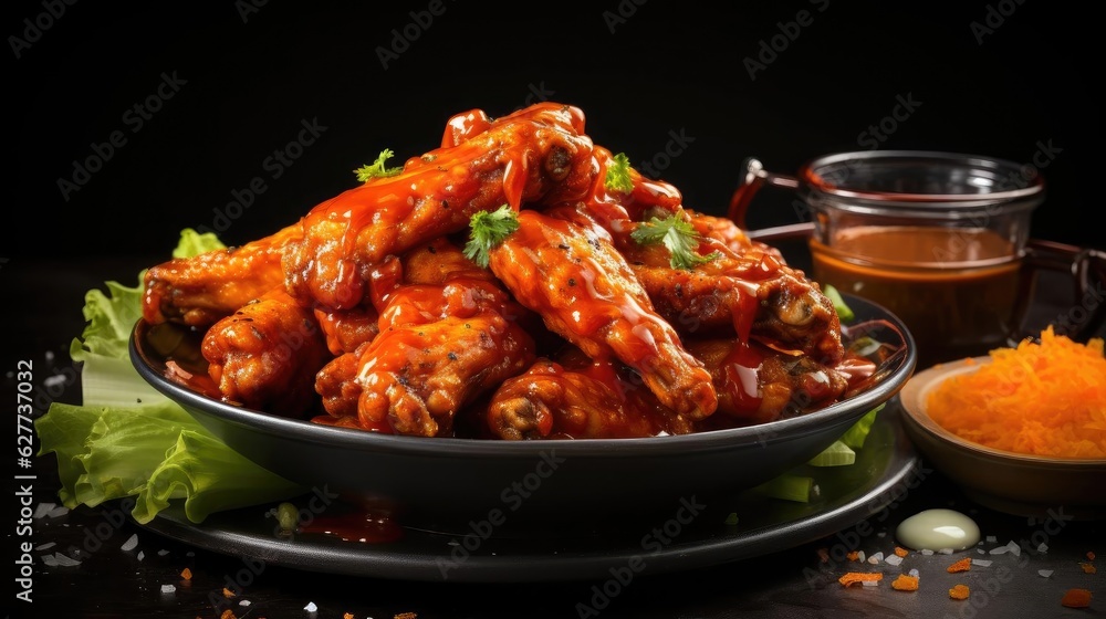 Buffalo wings with melted hot sauce on a wooden table with a blurred background Buffalo wings with melted hot sauce on a wooden table with a blurred background