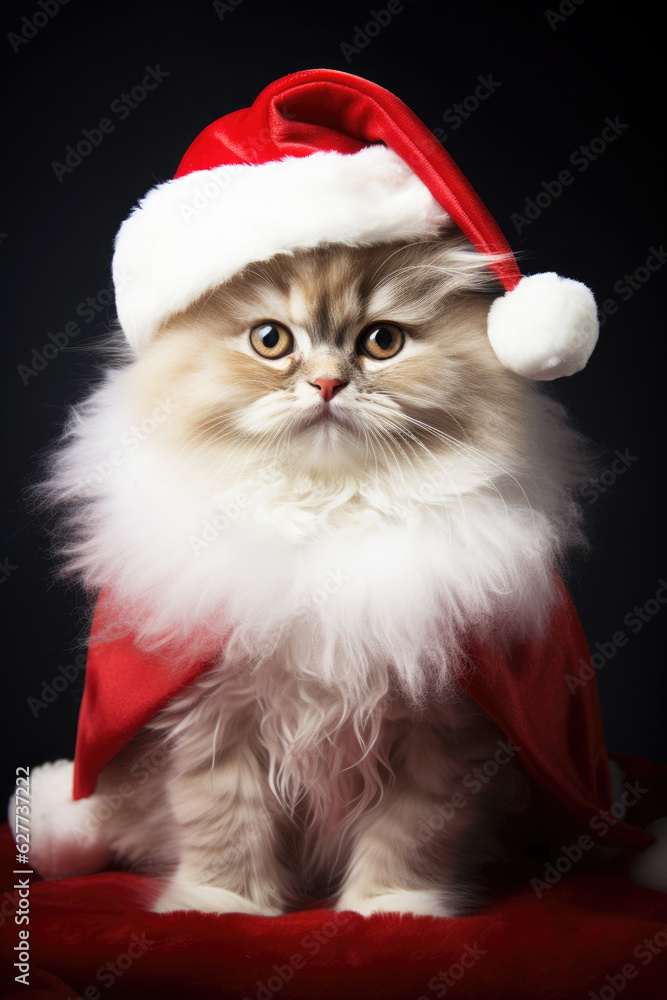 Cat wearing Santa Claus costume on Christmas glittering lights Cat wearing Santa Claus costume on Christmas glittering lights