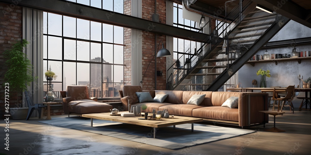 Empty loft apartment, industrial style, 3d render Empty loft apartment, industrial style, 3d render