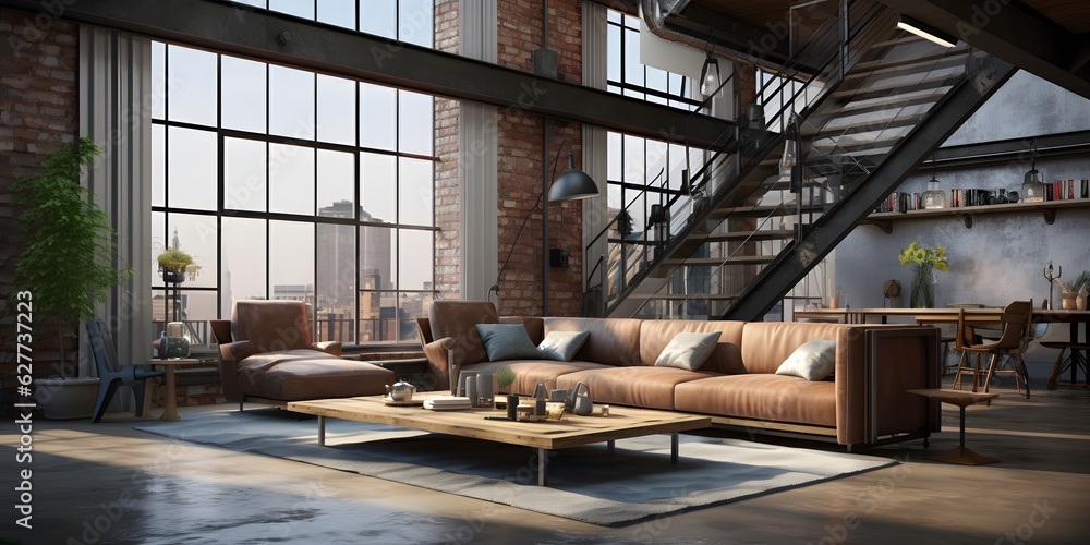 Empty loft apartment, industrial style, 3d render