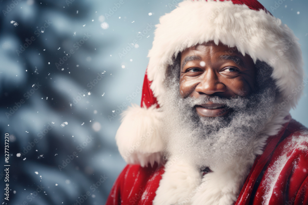 Smiling Afro American Santa Claus in winter Christmas scenery with snow falling Smiling Afro American Santa Claus in winter Christmas scenery with snow falling