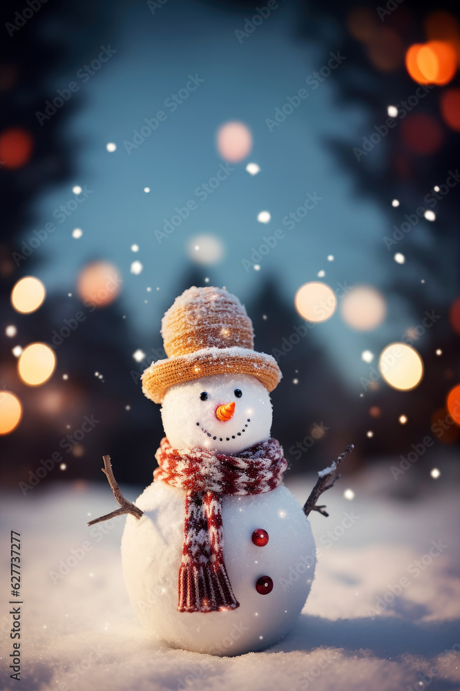 Snowman on snow in winter night scenery with city lights Snowman on snow in winter night scenery with city lights