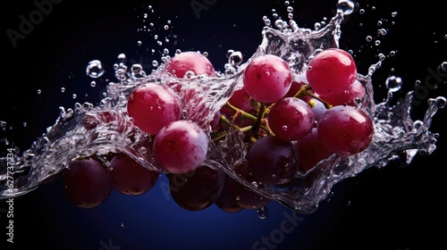 flying fresh grapes exposed to splashing water on black background and blur