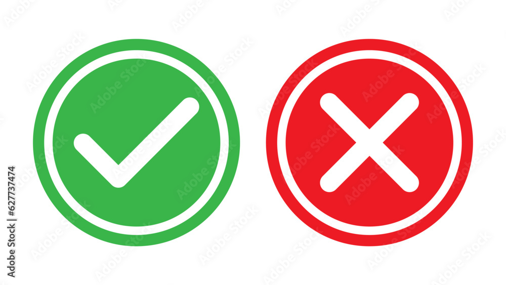 Tick and cross signs. green check mark and red cross icon, isolated on white background.